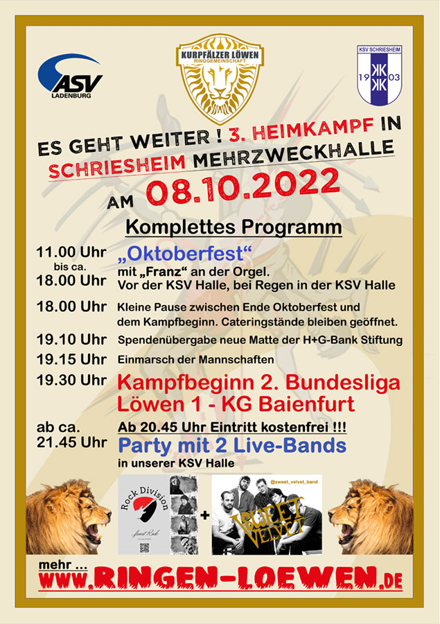 Plakat Heimkampftag und Oktoberfest mit den Kurpfälzer Löwen